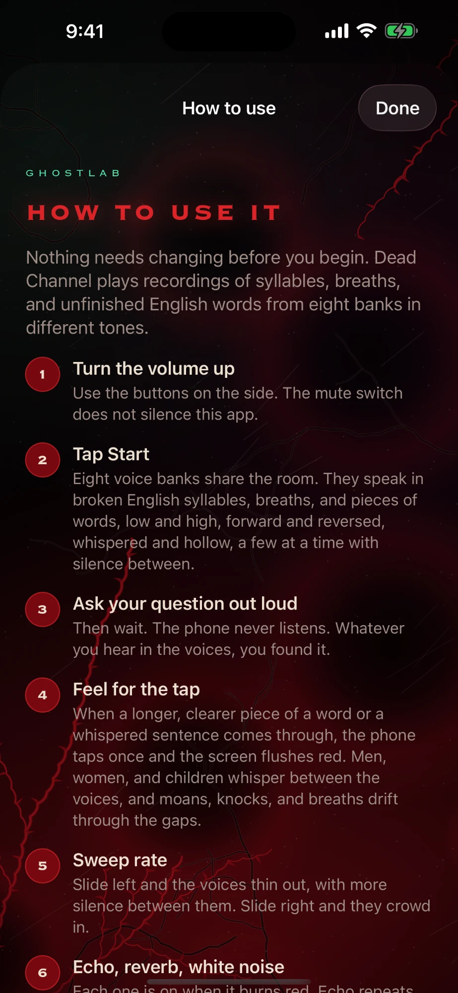 The How to use screen: turn the volume up, tap Start, ask your question out loud, feel for the tap, sweep rate, and echo, reverb and white noise