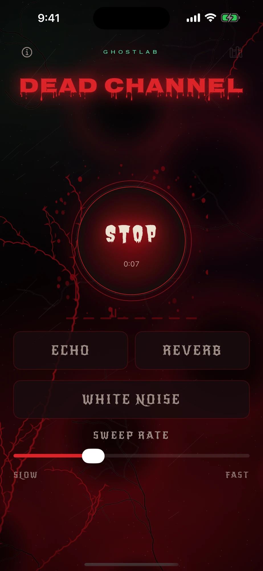 A Dead Channel session seven seconds in: the red Stop button with the session clock, Echo, Reverb and White noise buttons, and the Sweep rate slider from slow to fast