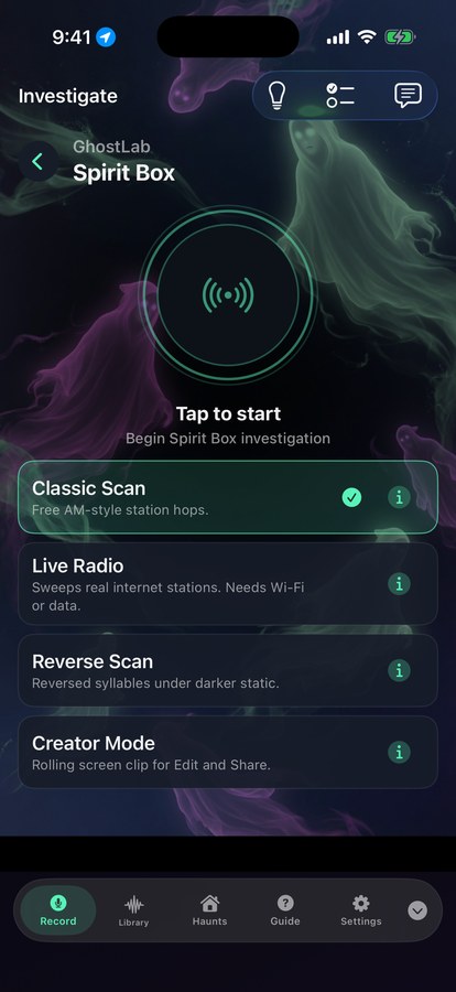 GhostLab Spirit Box second screen with the start ring after you tap a tile
