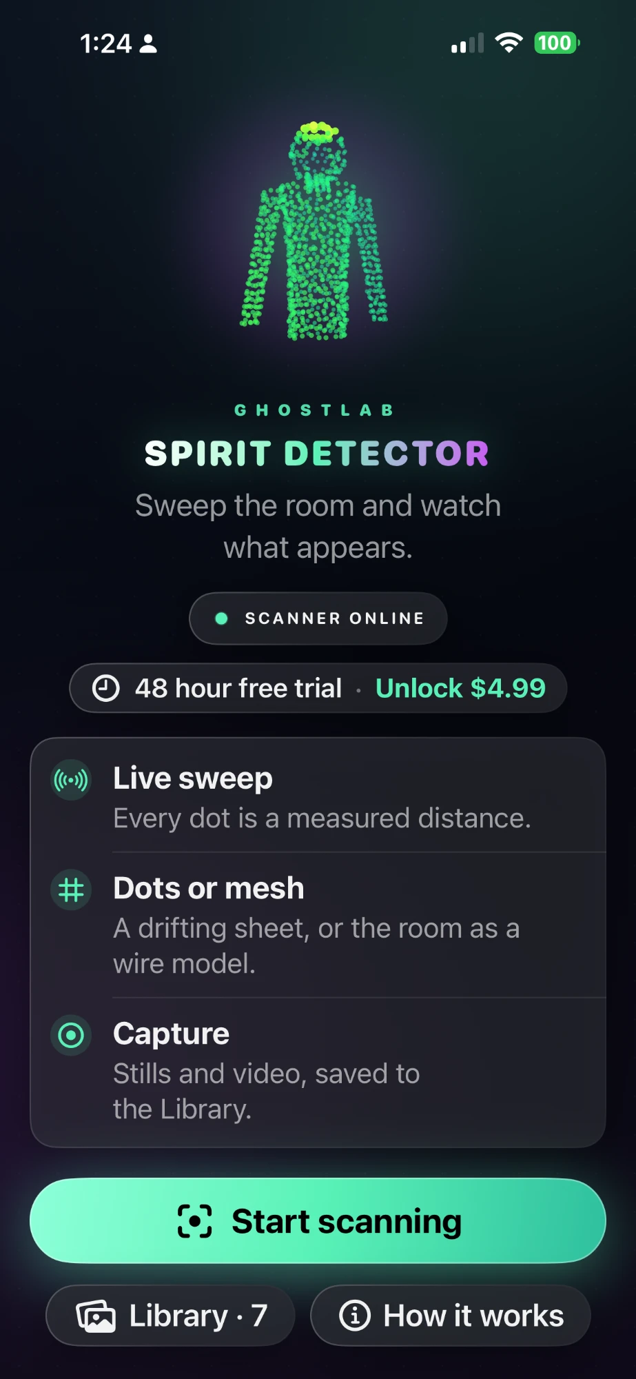 Spirit Detector home screen: a standing figure drawn in green dots above the name, a Scanner Online status, the 48 hour free trial, and a Start scanning button